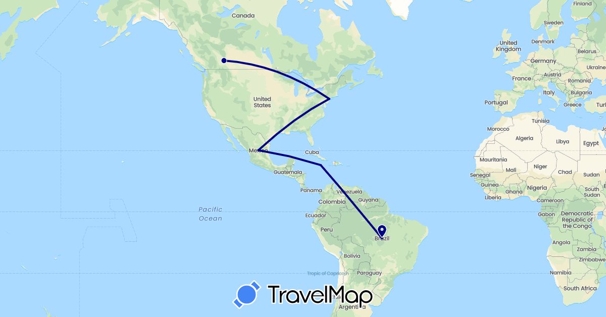 TravelMap itinerary: driving in Brazil, Canada, Jamaica, Mexico, United States (North America, South America)