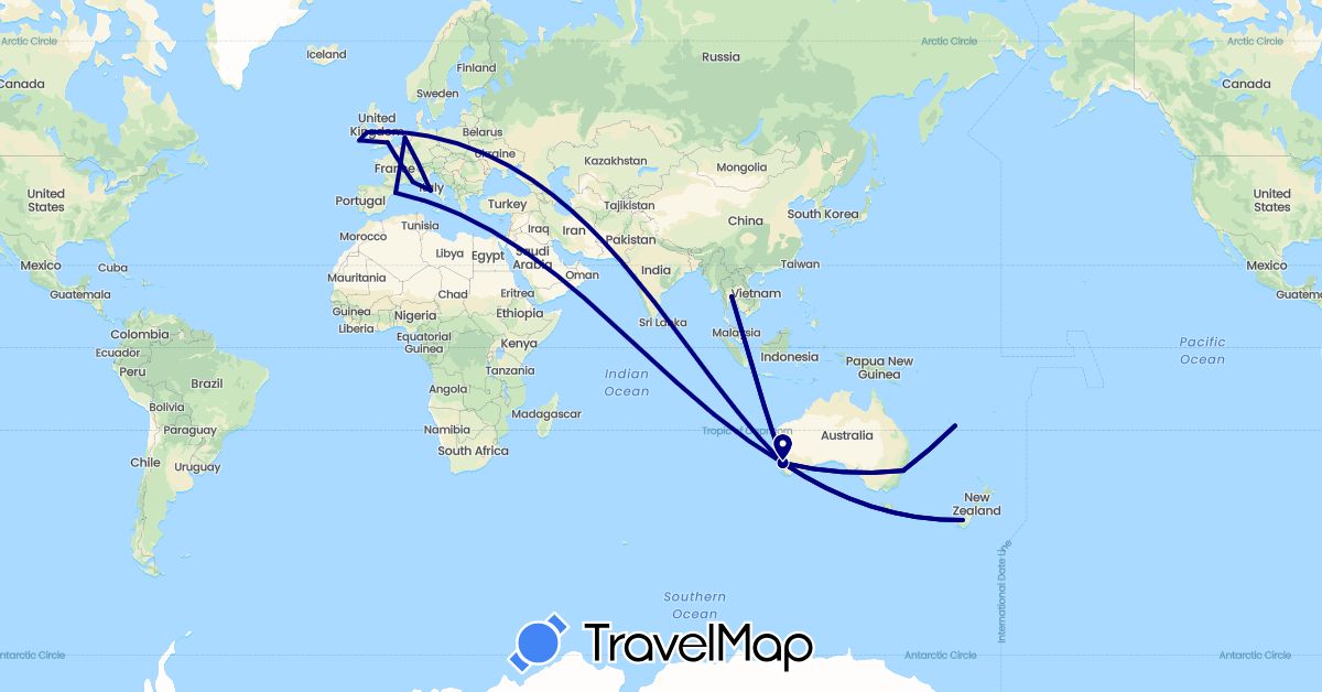TravelMap itinerary: driving in Australia, Spain, France, United Kingdom, Ireland, Italy, Netherlands, New Zealand, Thailand (Asia, Europe, Oceania)